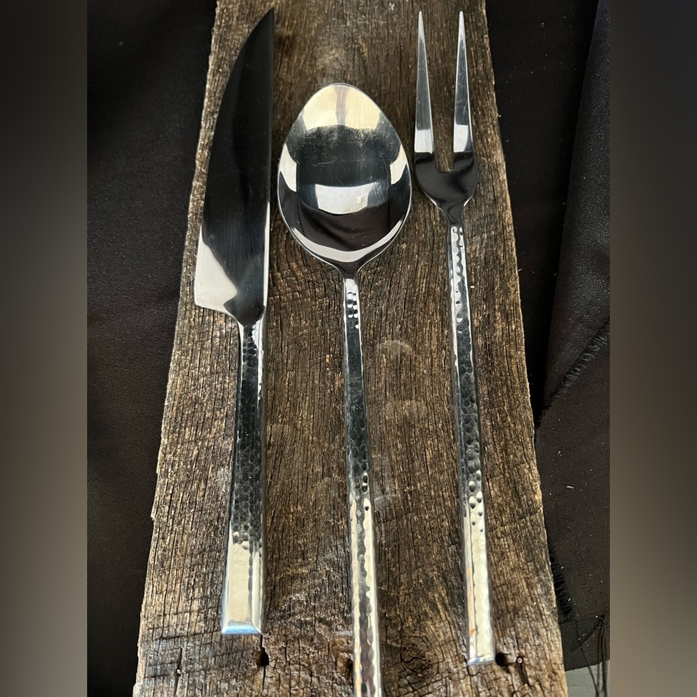 Heavy Hammered Stainless Steel Serving Set — Modern square handles